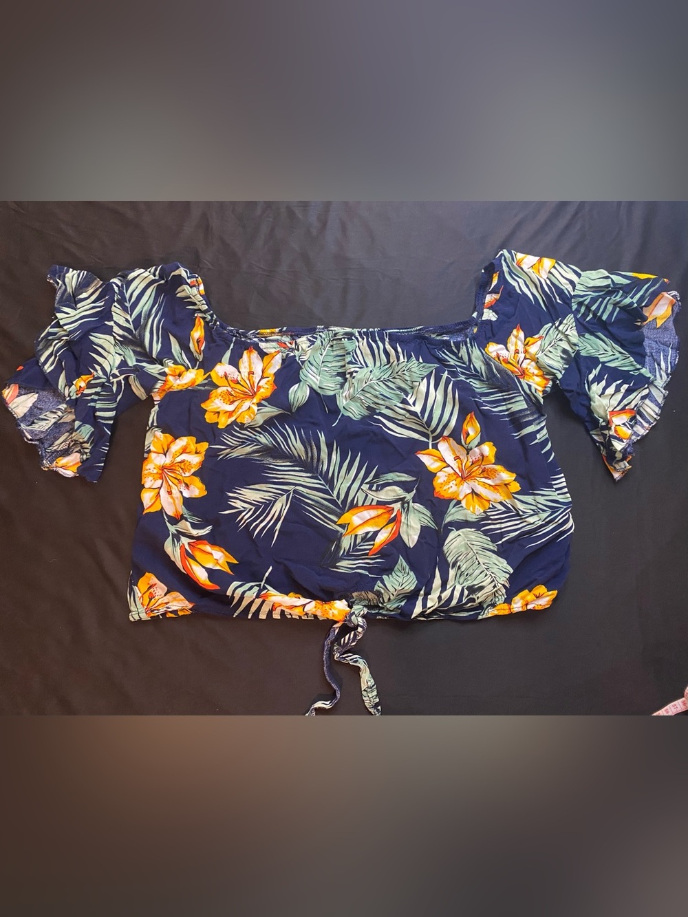 SHEIN Navy Floral Off-Shoulder Tie Crop Top